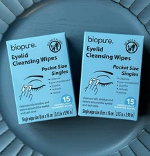 2x Biopure Pocket Size 15 Individually Wrapped Eyelid Cleansing Wipes (30 Total)