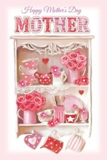 Happy Mothers Day Mother Dresser Flowers Tea Cups Jugs Design Card Lovely Verse