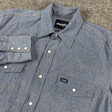 Vintage Wrangler Shirt Mens Medium Blue Long Sleeve Denim Western Pearl Snap 90s