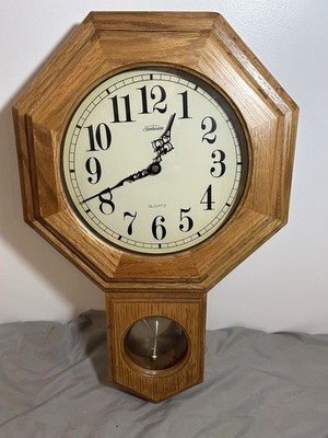 Sunbeam Octagon Quartz Wall Clock W/ Pendulum Oak Finish Vintage Style Working