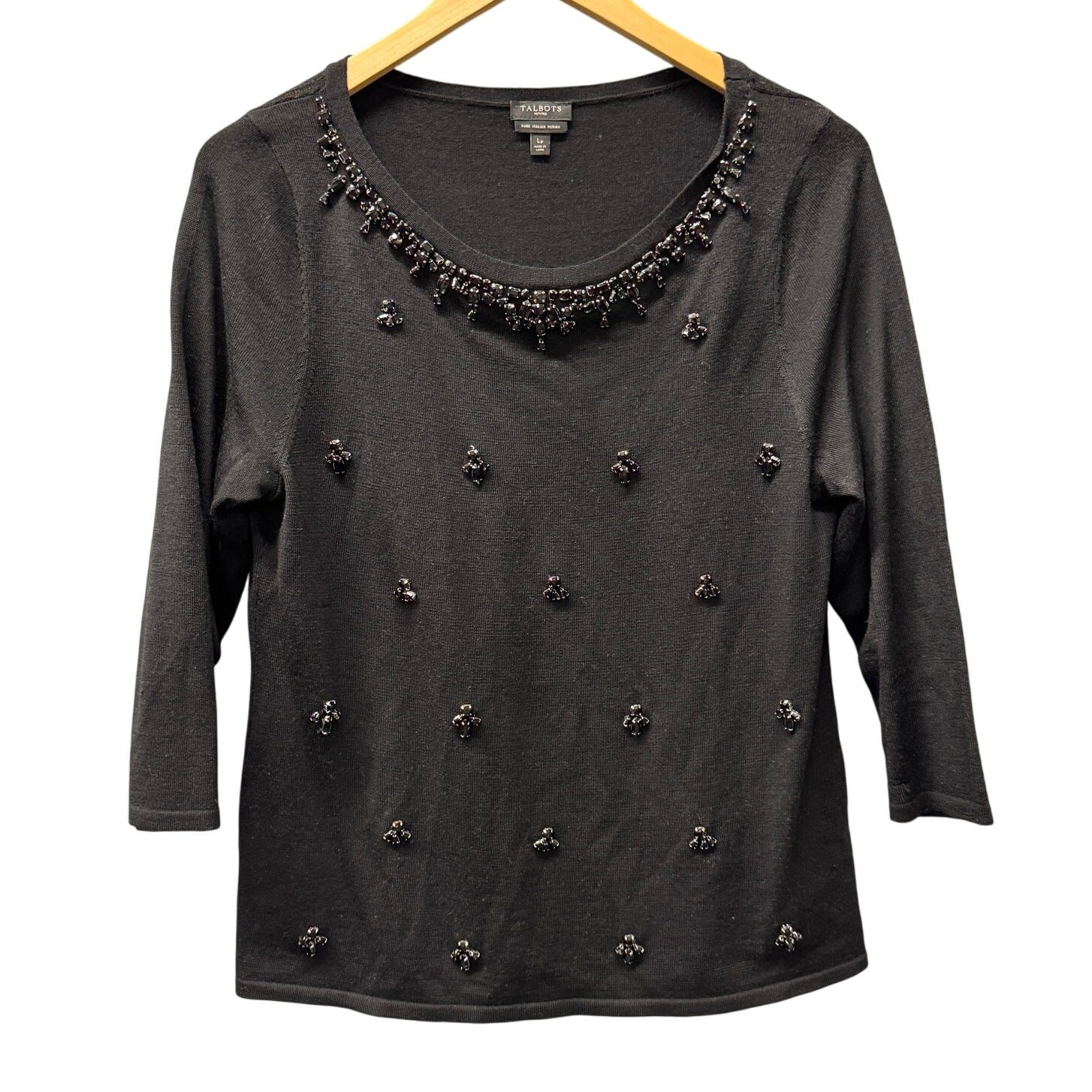 Talbots Sweater Womens Petite Large Lp Black Merino Wool Beaded 3/4 Sleeve Knit