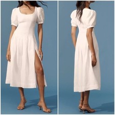 NEW Reformation Coucou Midi Linen Dress Puff Sleeves White US 4 UK 8