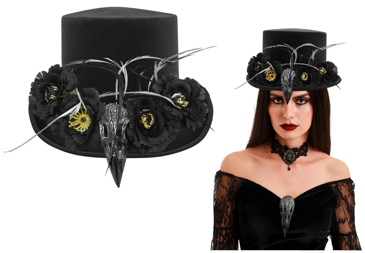 NWT! HALLOWEEN Black spooky voodoo hat with feathers Unisex Adult Black Voodoo King Top Hat Skull Bones Feather  main image 3