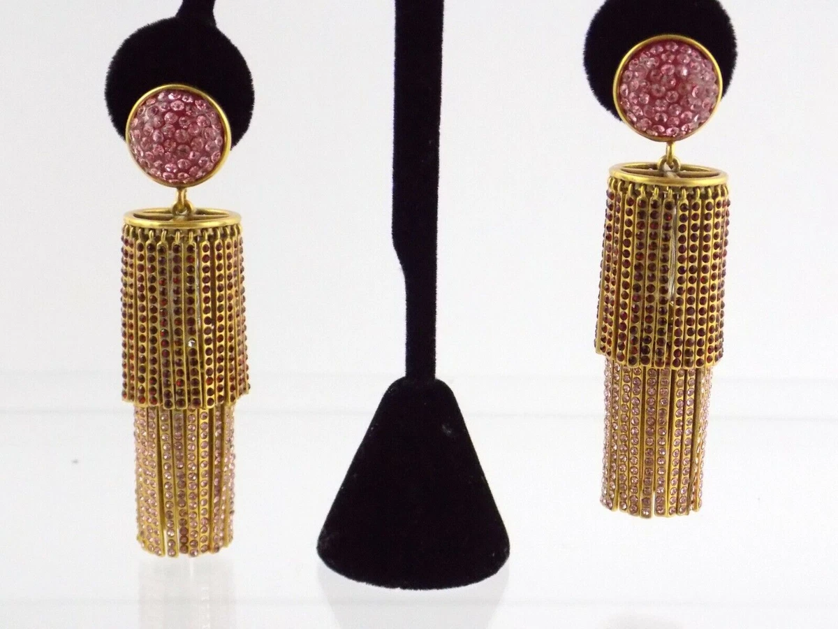 Goldtone Metal Heavy Chandelier Earrings Red Pink Rhinestones