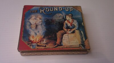 vintage advertising empty tin Round up cigarettes ghost figures in smoke  Z131