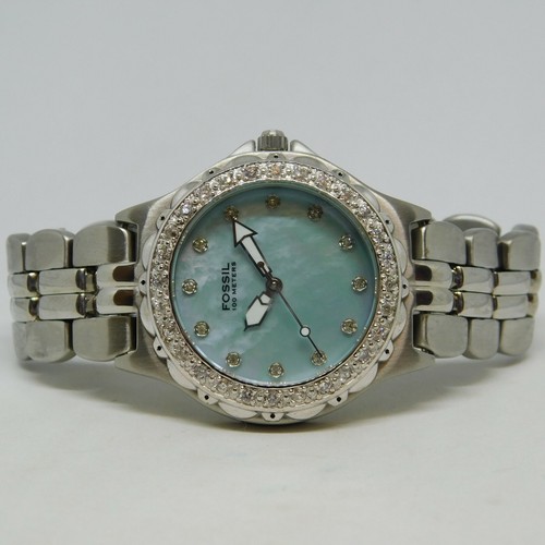 FOSSIL Blue AM-3481 Silver Tone Quartz 