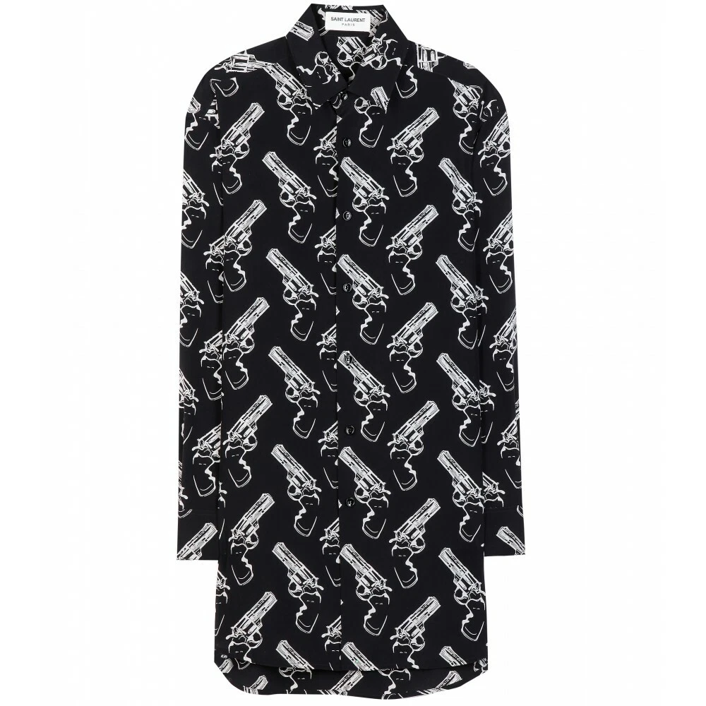 SAINT LAURENT Oversized Paris Collar Shirt Black White Gun Pop Print Silk  FR 38