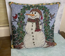 Vintage Snowman Winter tapestry throw pillow 18" x 18" christmas woodland