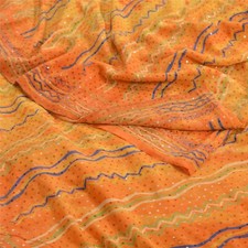 Sanskriti Vintage Sarees Orange Pure Crepe Silk Hand Beaded Printed Sari Fabric