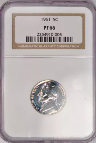 1961 TONED Jefferson Nickel Proof NGC PF 66 PR66 Toning Coin 5C