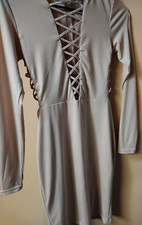 Charlotte Russe Dress XS Bodycon Beige Cream V Neck Midi Tan Zip LACE UP FRONT