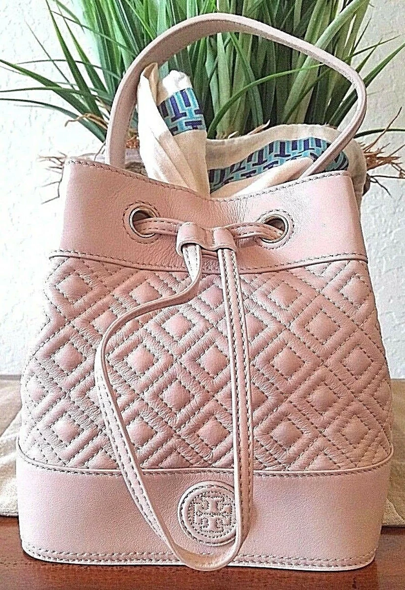 TORY BURCH MARION QUILTED MINI BUCKET LIGHT OAK LEATHER LAMB SKIN