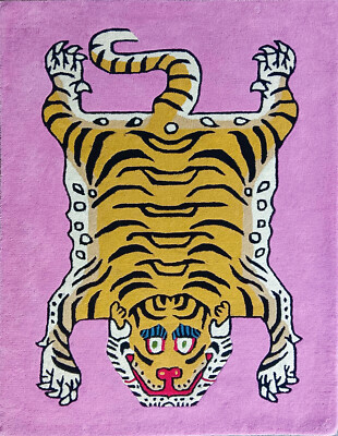 Hand Tufted Rug Animal Print Tiger Pattern Pink & Brown Handmade Woolen Area Rug