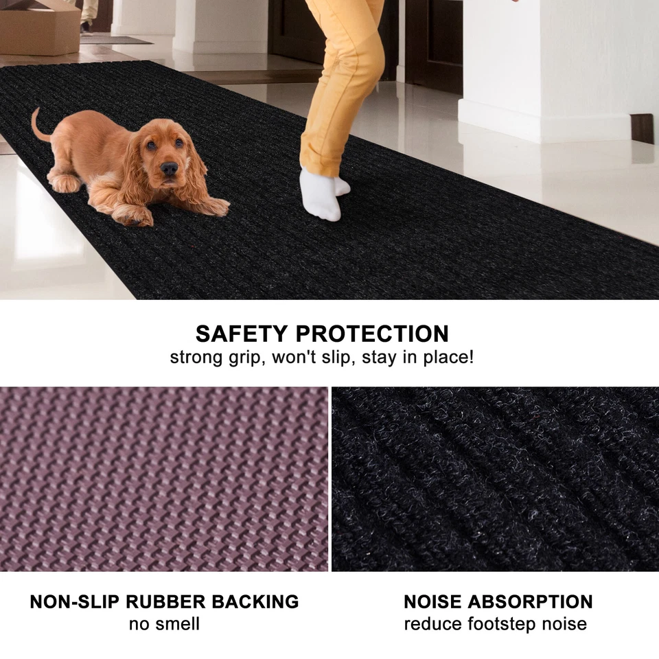 Runner Rug Hallway Non Slip Rubber Back Stripe Black Carpet Doormat Throw Rug - Image 3 of 4
