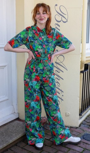 RUN AND FLY Jungle Print Jumpsuit 8-26 Floral Tropical Animals Wildlife Alt - Picture 2 of 6