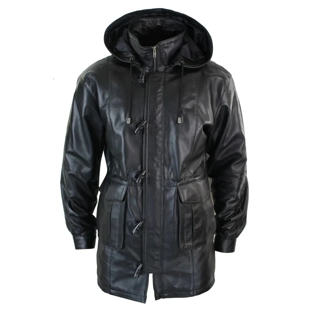 Mens 3/4 Long Leather Duffle Sheepskin Jacket Hooded Coat Safari Detachable Hood
Opens in a new wind