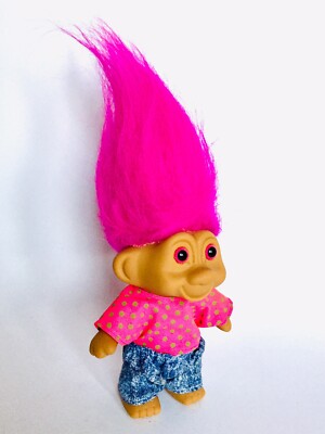 Vintage TNT Troll Doll Girl Pink Hair Acid Wash Jeans Polkadot Top 90s Y2K