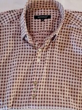 Bogosse Men's Long Sleeve Pink  Brown Plaid Button Up Flip Cuff Casual Poplin L