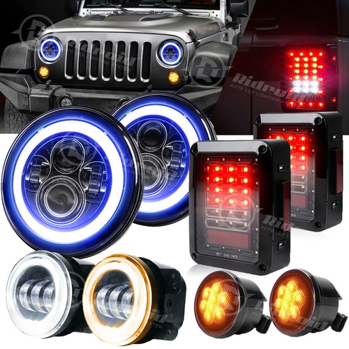 Halo 7" LED Headlights + Halo 4" Fog Turn Tail Lights Combo for Jeep Wrangler JK - Picture 1 of 22