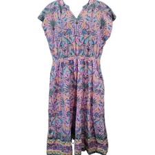Talbots Tropical Floral Dress Size L Pink Multi 100% Cotton Split Neck Resort