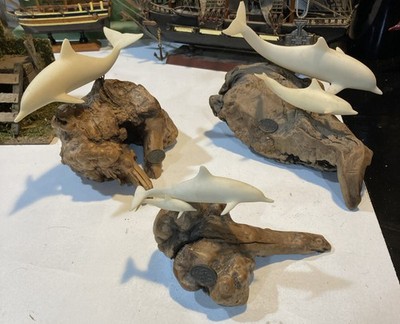 3 Vintage John Perry Sculpture on Burled  Wood Base Dolphins Set Some Damage See