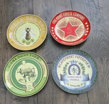Four (4) Pottery Barn Vintage Label Cheese Snack 7in Plates Bee Cow 5 Star.    