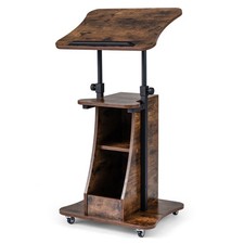 Rolling Podium Stand Height Adjustable Lectern With Tilting Tabletop Brown