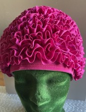 Badekappe Damen weiches Gummi und Stoff Rüschen  Schwimmhaube dunkel Rosa
