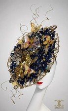 Kentucky Derby Ascot , Blue Gold Filigree Large Fascinator Headband