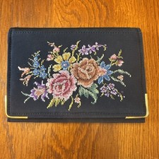 NOS Vtg Embroidered Petit Point Floral Black Clutch Purse W. Germany 6x4" V 