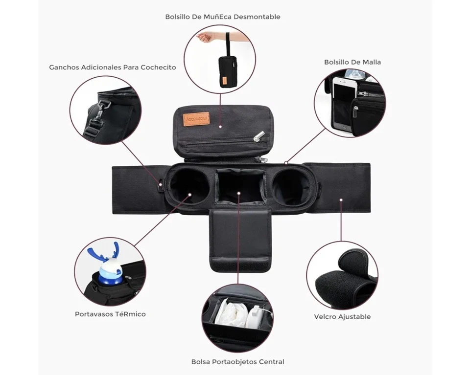 Organizador de cochecito universal Momcozy con portavasos aislante. Foto 4 de 4