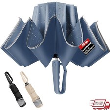 Reverse Folding Compact Umbrella W/ Carabiner Clip Automatic Stormproof Design
