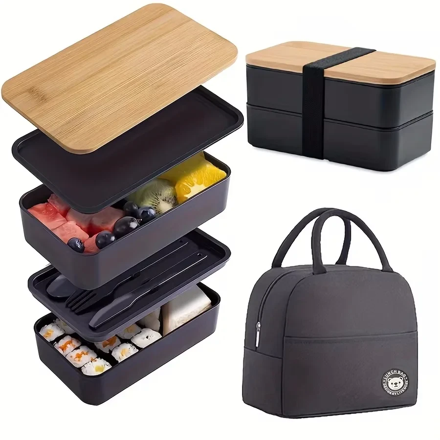 Insulated Microwave Bento Box Lunch Set with Stackable Dividers and Cutlery