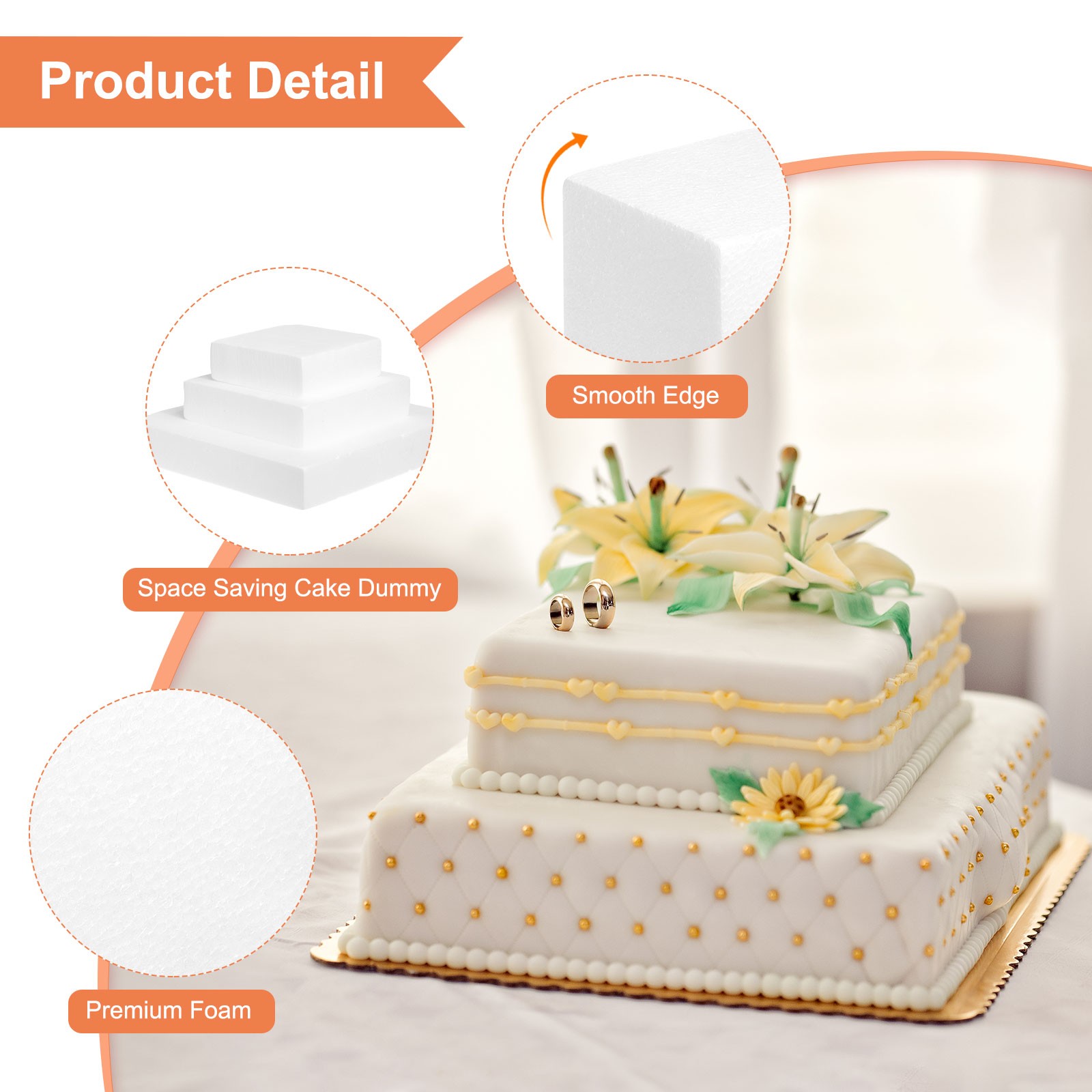 Square Foam Cake Dummy Set, 14" x 14" x 2" Fake Cake Model Photo Prop