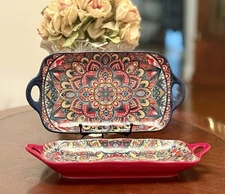 New Bohemian Ceramic Baking Dish, Serving Platter, 12 Inch, Set Of 2 Blue Red