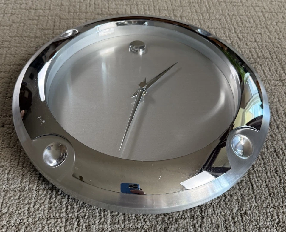 "Reloj de pared grande Movado plateado/cromo probado funcionando raro 13"" pulgadas" Foto 3 de 4