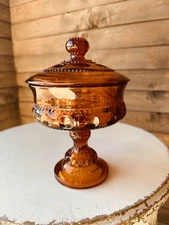 Vintage Indiana Glass Amber Kings Crown Thumbprint Pedestal Candy Dish with Lid
