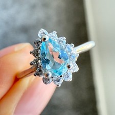 925 Sterling Silver Ring 6x4mm Natural Blue Topaz Gemstone Zircon Teardrop Gift