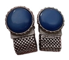 Swank Silver Tone Mesh Cuff Links Round Blue Moonglow Stones Retro MCM