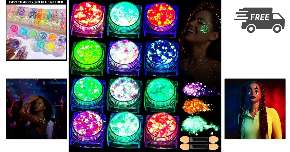 Glow in The Dark Glitter Gel Face Body Hair UV Black Light Rave Festival - Image 2 of 4