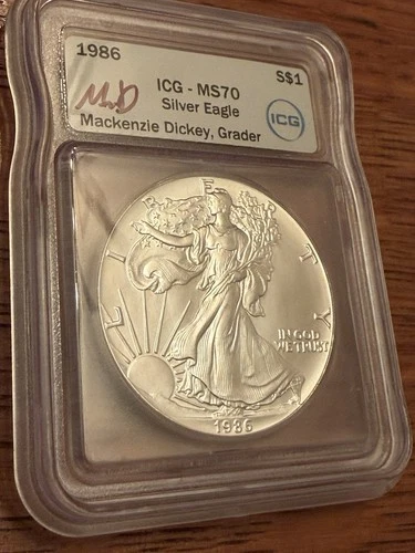 1986 MS70 Silver Eagle 1st Yr. of Issue. Signed By Grader Mackenzie Dickey