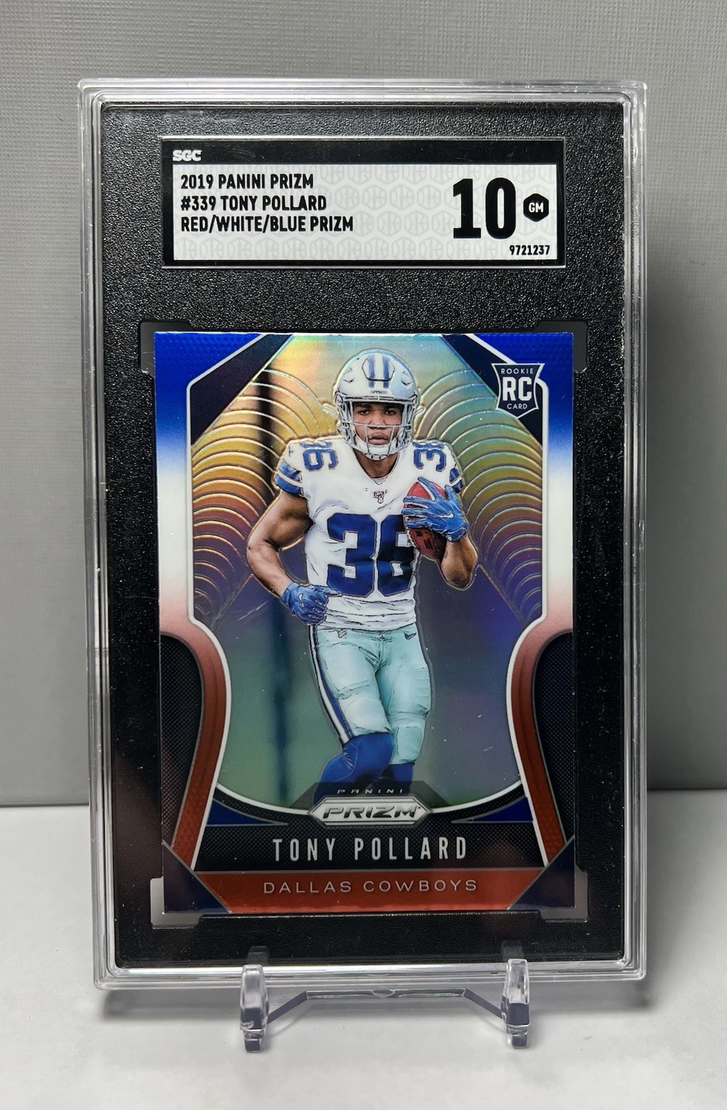2019 Panini Prizm Tony Pollard RC Red/White/Blue Prizm #339 SGC 10 GEM MINT