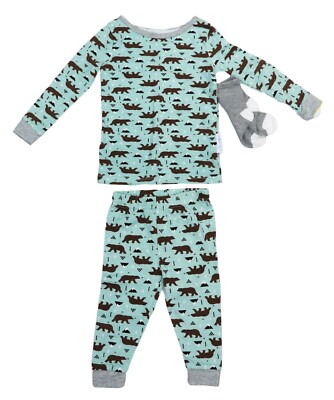 Max & Olivia Baby Boys 18M Bear Print Top, Pants & Socks Outfit Set NWT Green