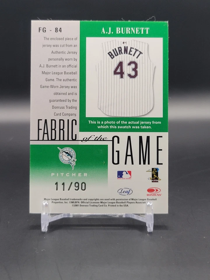2001 Leaf Certified Materials #FG-84 A.J. Burnett Fabric of the Game Career #/90 - Image 2 of 2