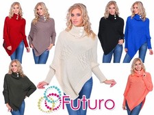 Ladies Asymmetric Poncho Chunky Jumper Knitted Sweat Turtleneck Size 8-14 Fas09