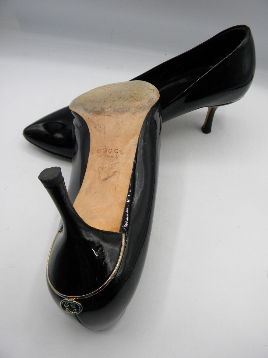 GUCCI Black Patent Leather Pumps Silver Logo Size 34.5 C | eBay