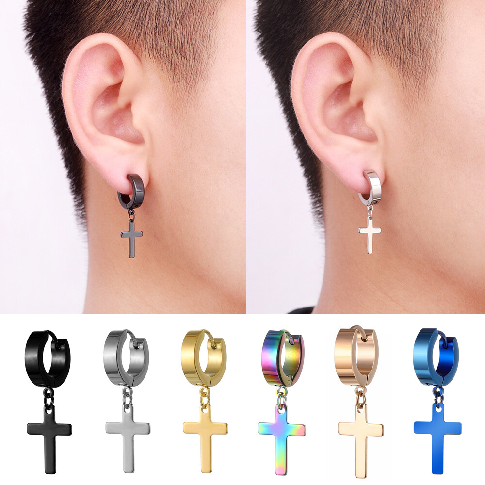 Cross Hoop Huggie Earrings with Ear Buckle Clip for Men and Women Rock Style 1PC-image