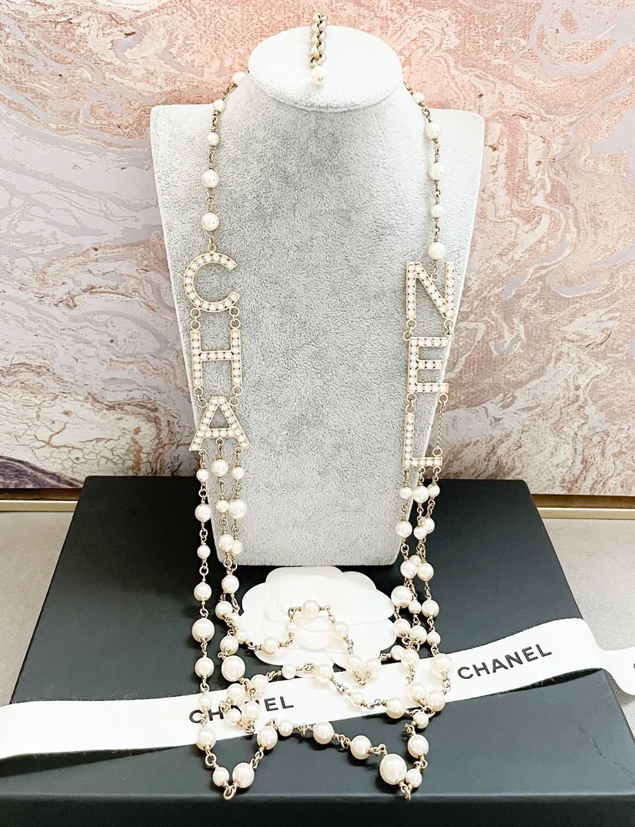 Chanel 19B Logo Strass Pearl Multi-Strand Gold Metal Necklace