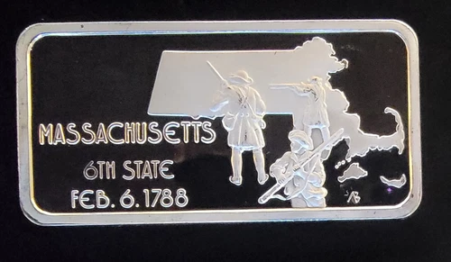 1975 Massachusetts 6th State Hamilton Mint Bullion-999 Silver 1 Oz Ounce Art Bar