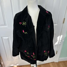 The Quacker Factory Jacket Womens  Black Velvet  Embroidered Floral Sz L